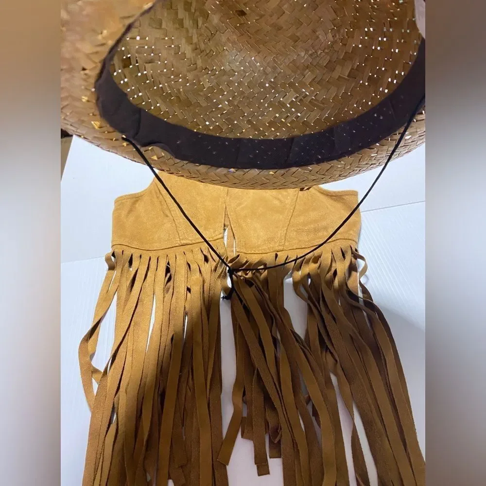 Native American cowboy Western straw hat fringe faux suede vest costume 6-12yo